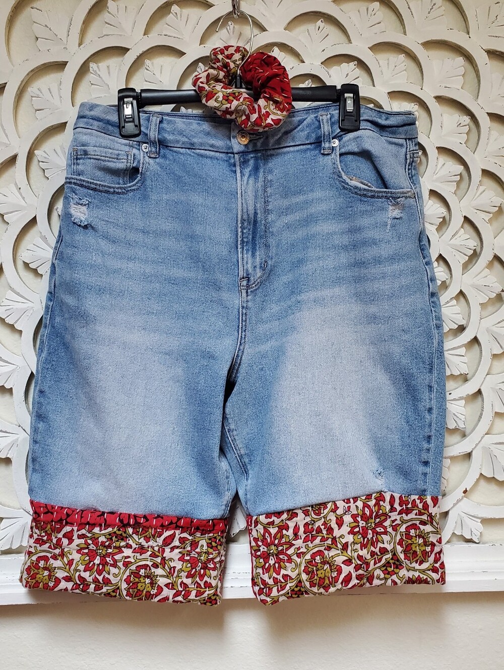 Upcycled American Eagle Outfitters Denim Shorts With Kantha Hem & Scrunchie  16